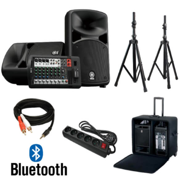Sonorisation Yamaha avec table de mixage intégrée, valise de transport, deux trépieds, multiprise câble mini-jack, pour toutes les fêtes