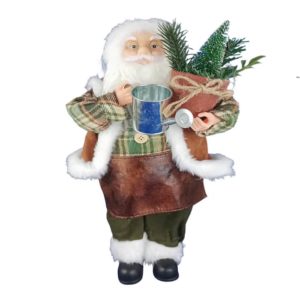 Père Noël jardinier tenant pot de sapin dans le bras droit et un arrosoir dans la main gauche.
