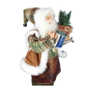 Père Noël en jardinier de profil tenant pot de sapin dans le bras droit et un arrosoir dans la main gauche.