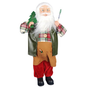 Père-Noël en peintre, muni d'un pinceau et de sa création de sapin avec l'inscription JOY en doré. Doté d'un tablier de peintre et de ses crayons de dessin.