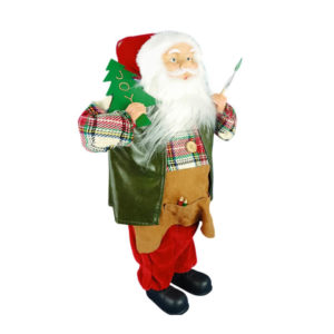 Père-Noël en peintre vu de profil, muni d'un pinceau et de sa création de sapin avec l'inscription JOY en doré. Doté d'un tablier de peintre et de ses crayons de dessin.