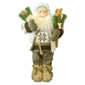 Père-Noël skieur vu de face, avec des skis en bois sous le bras gauche et des bâtons à droite, bottes fourrées aux pieds.