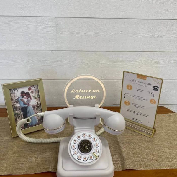 pack téléphone livre d'or blanc pour enregistrer messages audio avec cadran lumineux, notice et cadre doré