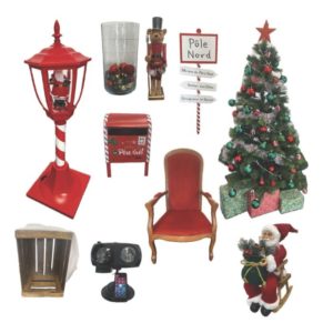 ensemble du pack salon du père noel avec fauteuil, sapin, déco rouges blanches de noel boite à lettres et figurines de noel