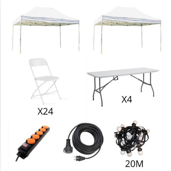 kit avec barnum et mobilier, et matériel électrique