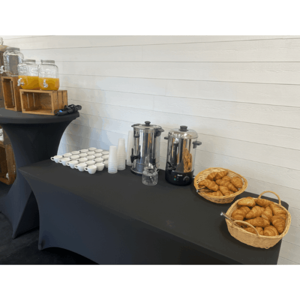 PACK PETIT DEJEUNER PROFESSIONNEL POUR 2( PERSONNES AVEC TASSES A CAFE PERCOLATEUR, EAU CHAUDE, CORBEILLE A PAIN ET ECOCUP, FONTAINE À BOISSONS ET MANGE DEBOUT