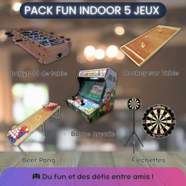 Location pack de jeux pour soirée fun avec borne arcade fléchettes et beer pong