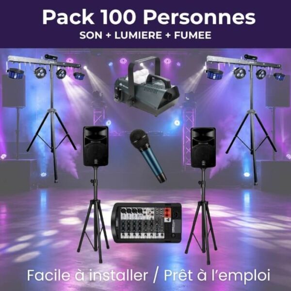 pack-son-lumieres-fumee-100-personnes Pack complet avec sono micro éclairages et machine à fumée pour 100 personnes